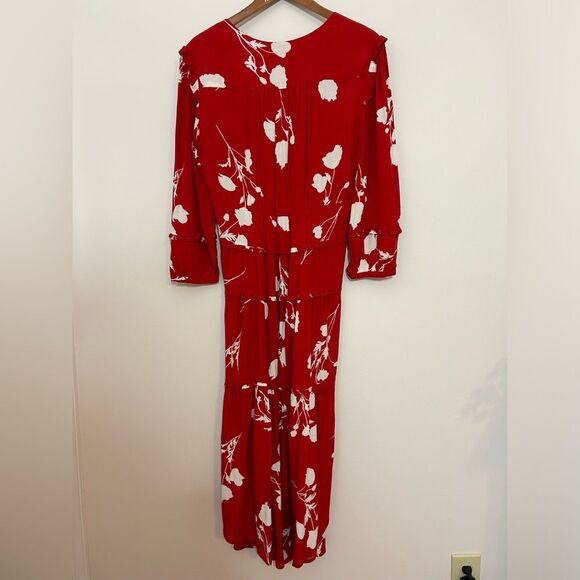 Ba&sh Paule Tiered Floral Midi Dress Medium Red Ruffle V-Neck - Picture 4 of 10